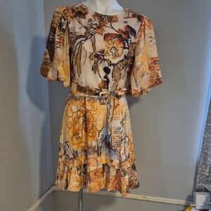 VM Yellow Floral Belted Mini Dress with Cream Accents